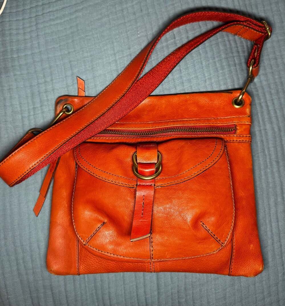 Vintage Distressed Fossil Orange/Red Leather Crossbody with Brass Ring Detail